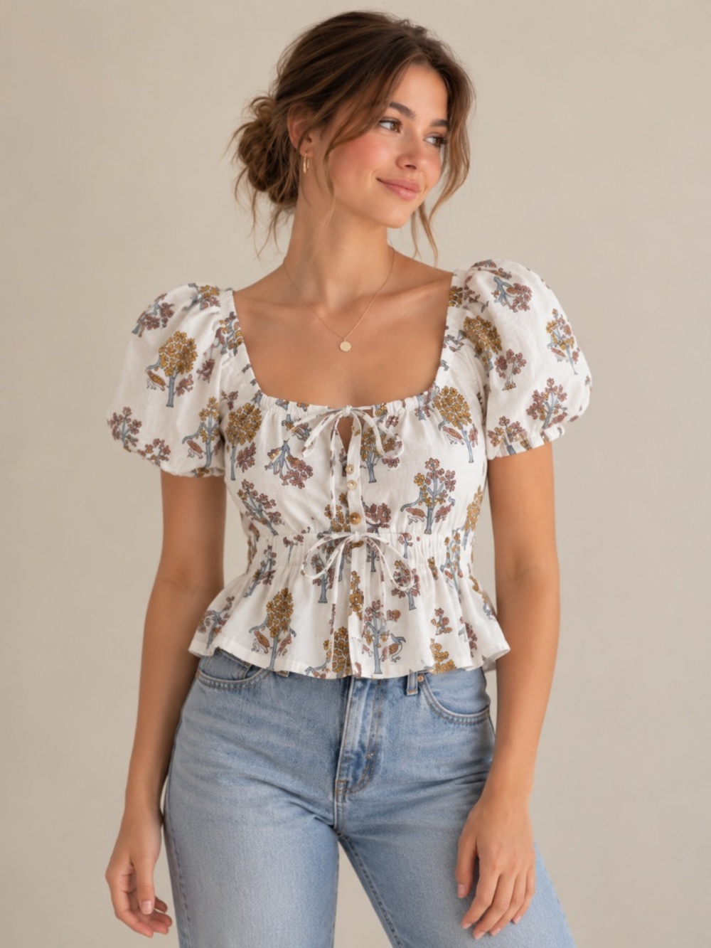 Ciao Lucia Printed Cotton Puff Sleeve Peplum Top XS